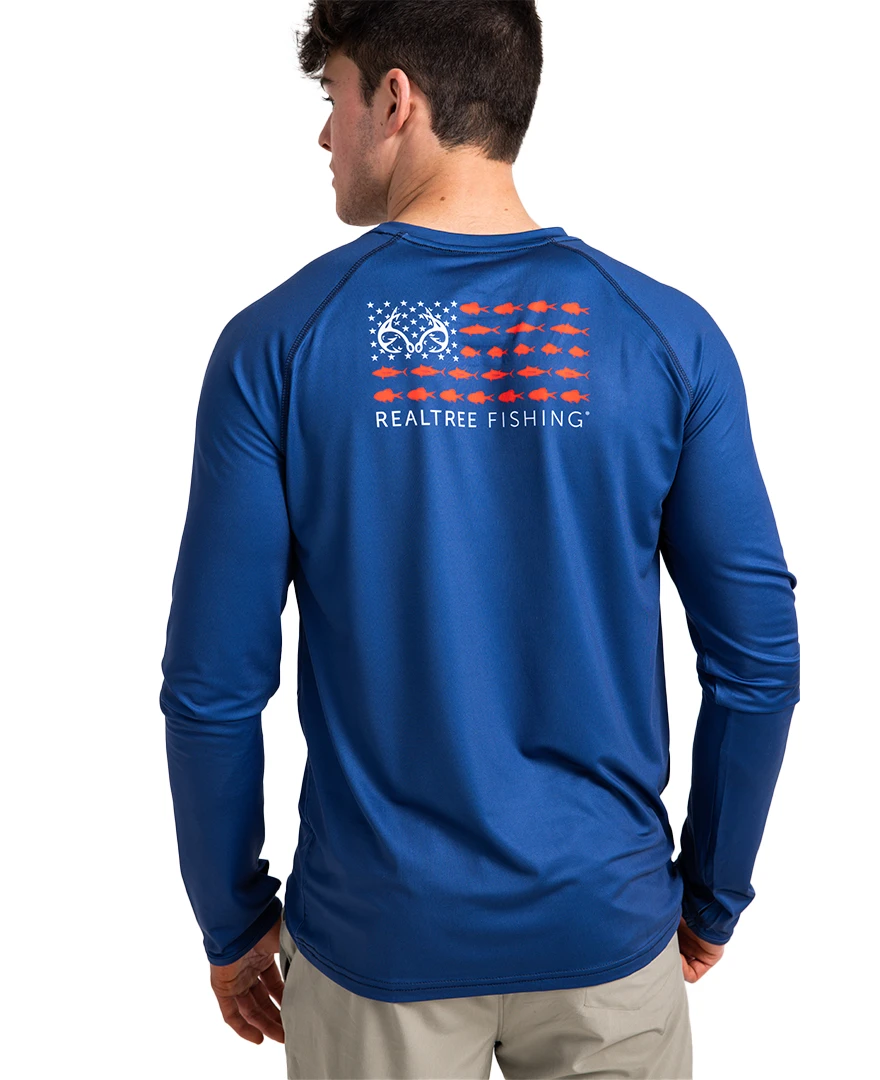 Realtree Fishing Flag Long Sleeve Performance Men's Raglan Blue Shirt 3 Realtree Fishing Flag Long Sleeve Performance Men's Raglan Blue Shirt
