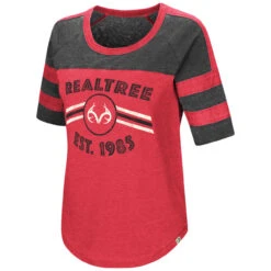 Realtree Women's  Double Stripe Burnout Shirt -Hunting camouflage Womens Double Stripe Burnout Short Sleeve Shirt red 64411.1560870954