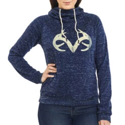 Realtree Women's  Speckled Fleece Cowl Neck Hoodie -Hunting camouflage Womens Speckled Yarn Cowl Neck Hoodie Navy 15425.1560891586